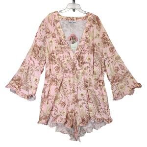 NWT Aguabendita Women's 1X Pink Floral Romper, Flare Sleeve Plunge-V Fringe Boho